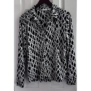 Liz Claiborne Geometric Long‎ Sleeve Button Up Black And White Blouse Sz XL